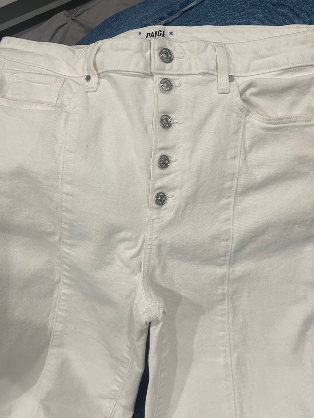 PAIGE White High-Rise Boot Cut Jeans with Exposed Button Fly